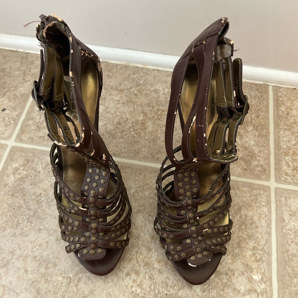 Aldo Open-Toe Brown Gladiator-Style Heels with Gold Studs